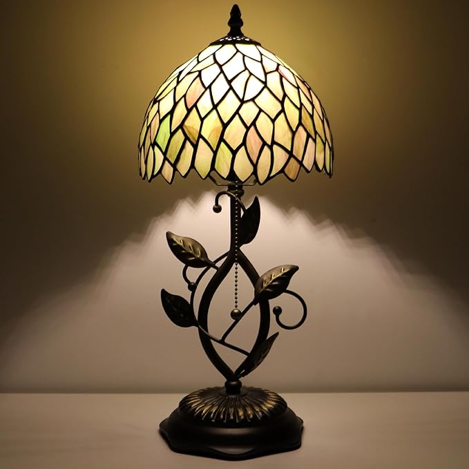 Small Tiffany Lamp Brown Green Leafage Style Stained Glass Table Lamps Desk Bedside Reading Light 8X8X18 Inches with Bronze Metal Leaf Resin Base