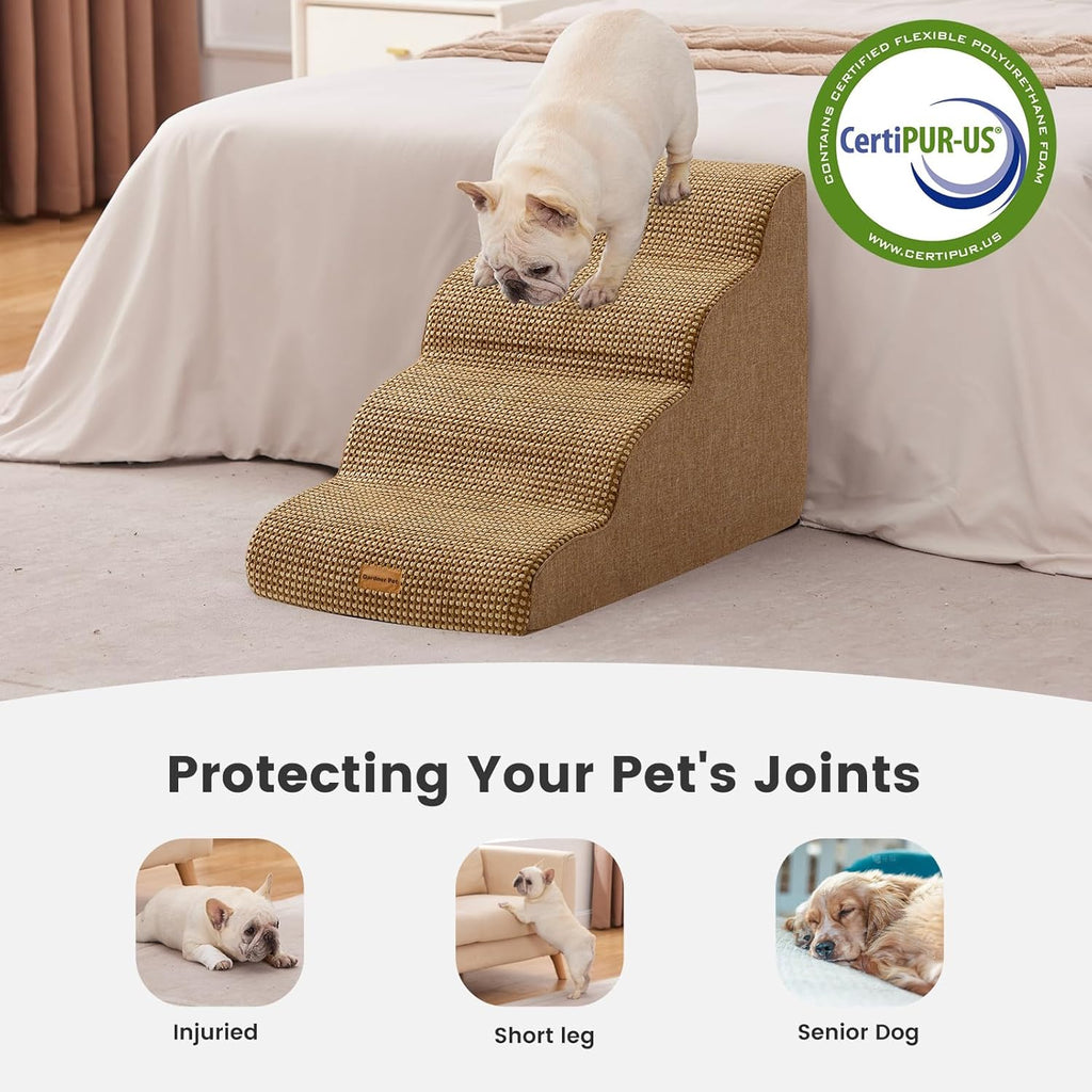 Gardner Pet Dog Stairs for Small Dogs 19.7" H, 4-Step Brown Curved Pet Stairs, Dog Steps for High Bed (18-24 in), Couch with Durable Non-Slip Waterproof Fabric Cover and CertiPUR-US Certified Foam