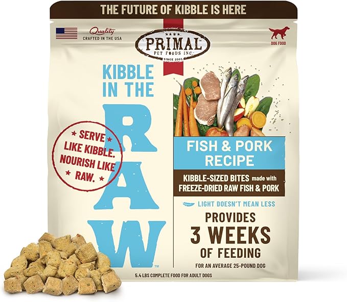 Primal Kibble in The Raw, Freeze Dried Dog Food, Fish & Pork, Scoop & Serve, Made with Raw Protein, Whole Ingredient Nutrition, Crafted in The USA, Dry Dog Food 5.4 lb Bag
