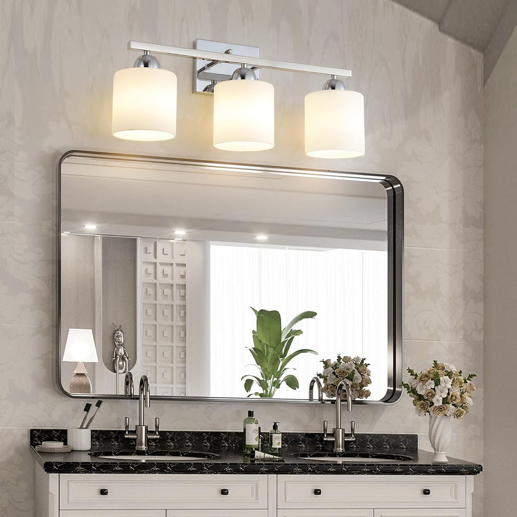 Stainless Steel Milk Glass Vanity Lights for Bathroom, 3 Light Chrome Bathroom Light Fixtures Over Mirror, Ceramic E26 Sockets Wall Mounted