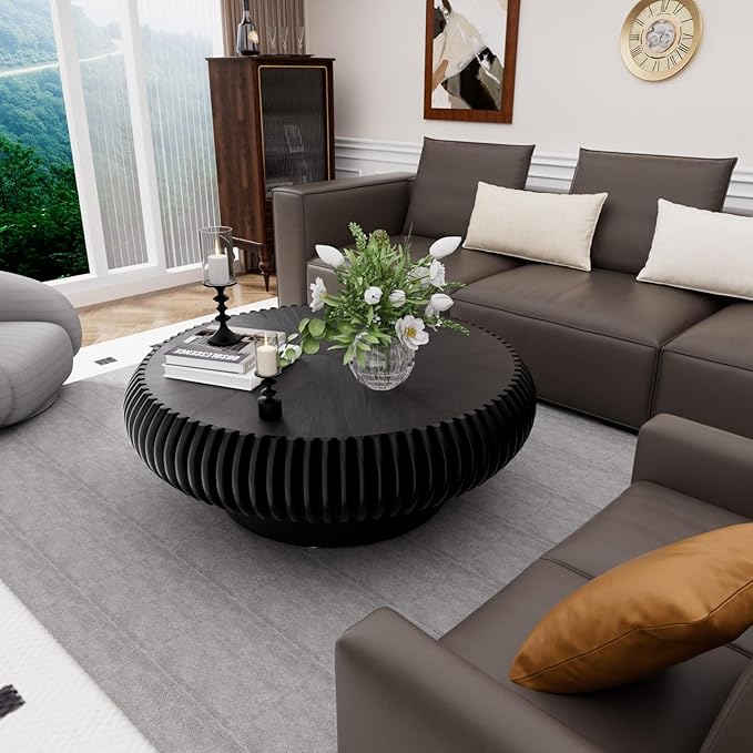 Round Drum Coffee Table for Living Room, Mid Century Modern Coffee Table with Sturdy Pedestal, Farmhouse Fluted Circle Center Table Accent Tea Table for Apartment (31.5" Black)
