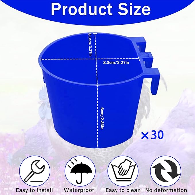 30 Pcs Chicken Coop Feeder Water Cup,8 oz Cage Cups Chicken Feeder Waterer, Cage Cups Birds Hanging Feeders, Chicken Feeder Water Bowl for Parakeet Poultry Pigeon Bunny Wire Cage (Blue)