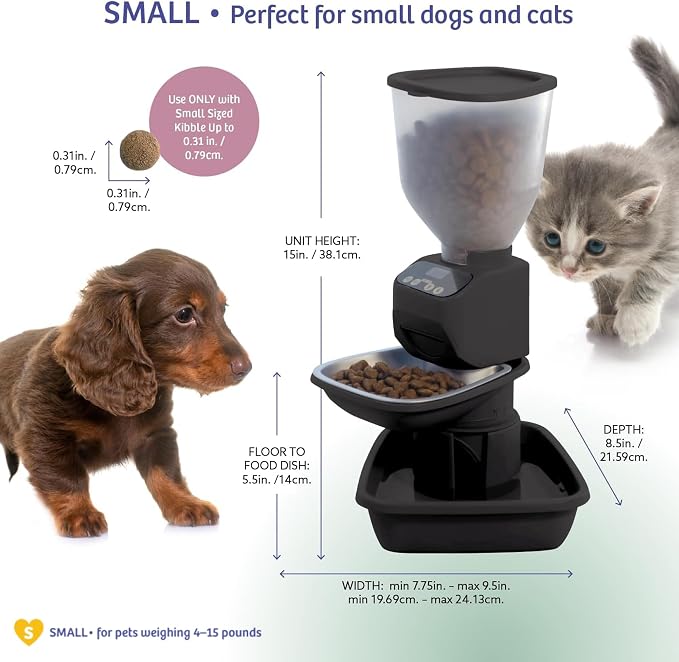 Feeding Friend® Automatic Dog & Cat Food Feeder with Water Dispenser Smart Pet Feeder with Portion Control, OLED Display, Anti Jam Design, Battery Operated Dispenser for Small XS 4-15 lbs Pets Black