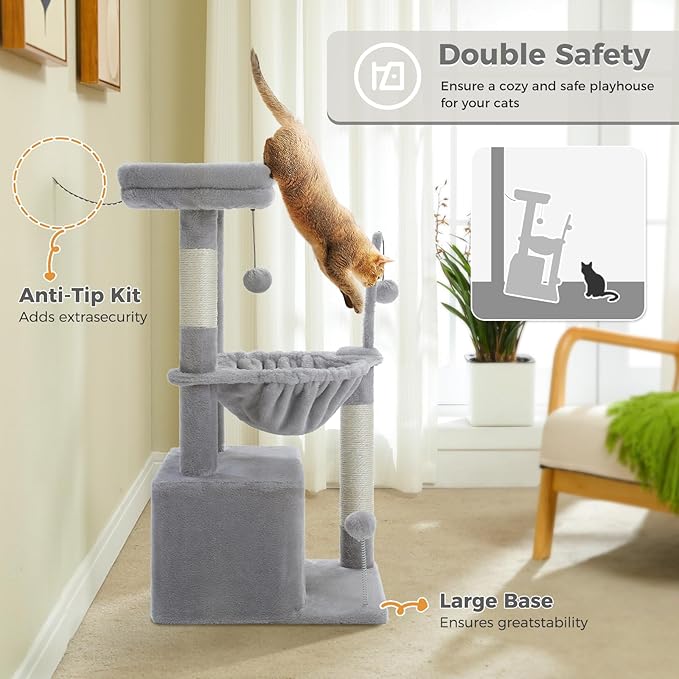 PEQULTI 4-in-1 Cat Tree, 33'' Cat Tower for Indoor Cats with Large Cat Condo, Scratching Post for Cats with Deep Hammock& Cozy Top Perch, Grey