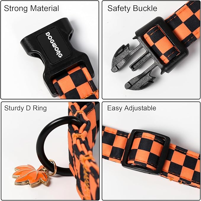DOGWONG Fall Dog Collar, Orange Checkered Dog Collar Adjustable Soft Cute Pet Dog Collars Cute Plaid Puppy Necklace for Small Medium Large Dogs