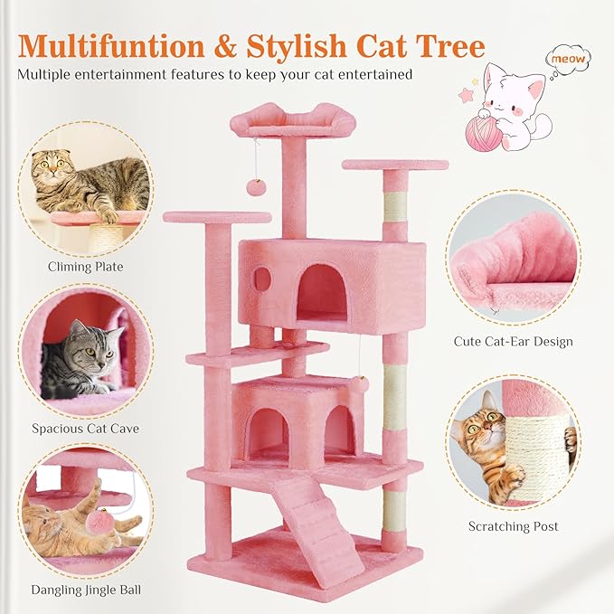 Sweetcrispy 54 Inch Cat Tree Tower, Multi-Level with Cat Scratching Post, Indoor Cat Condo with Climbing Ladder, Plush Toy, Play House for Cat, Pink