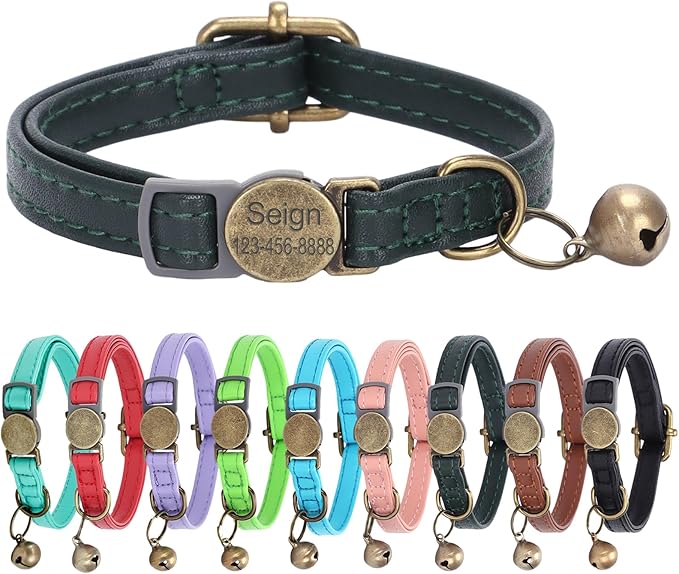 Cat Collar Breakaway, Personalized Leather Cat Collar with Bells-Adjustable Customized Collar with Name & Phone Number Tag for Girl Boy Cats -Quick Release Buckle for Cats & Kittens(Green)