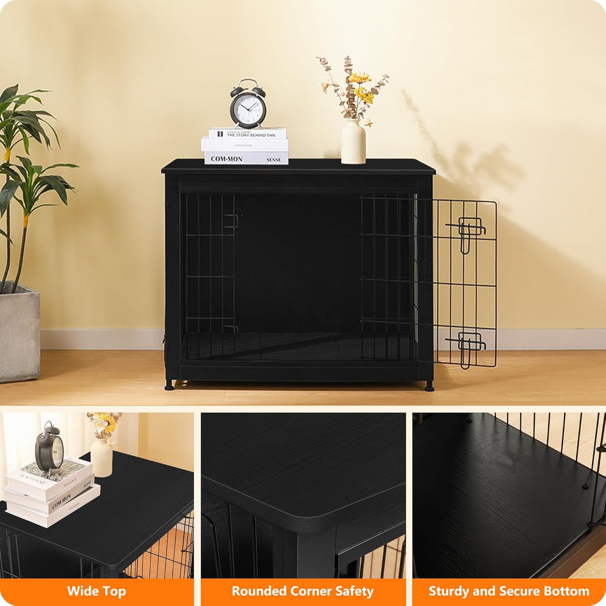 DWANTON Dog Crate Furniture with Cushion, Wooden Kennel Table with Double Doors, Indoor Dog House, Medium Size, 32.5" L, Black