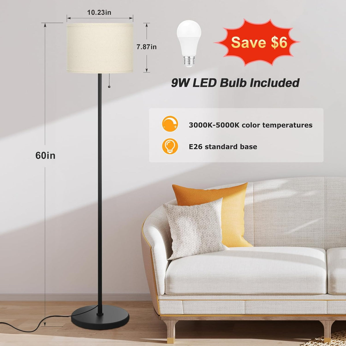 Ambimall Floor Lamps for Living Room with 3 Color Temperatures Bulb & Pull Chain Switch, 60" Modern Standing Floor Lamp for Bedroom Kids Room Study Room（Dark Beige Shade & Black Pole）