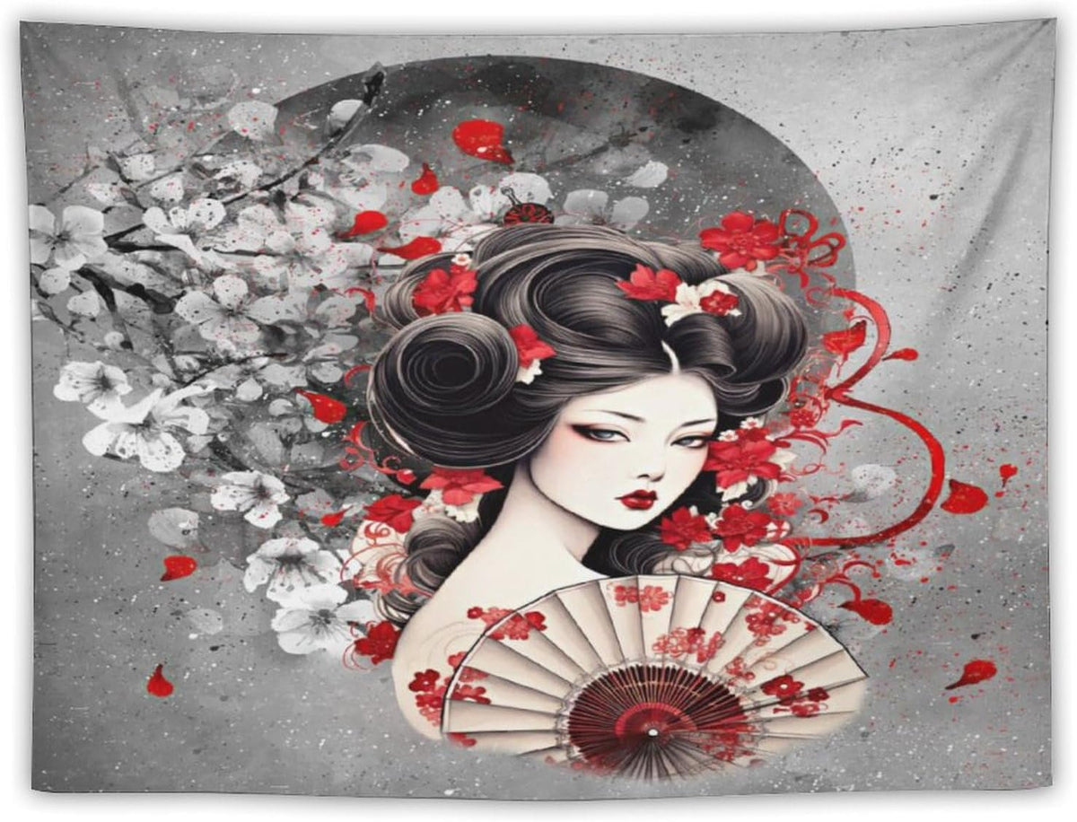 Japanese Geisha Tapestry Asian Red Cherry Blossom Red Sun Traditional Kimono Folk Tapestries Home Decor for Living Room Bedroom Apartment Farmhouse Dorm 90"x60"