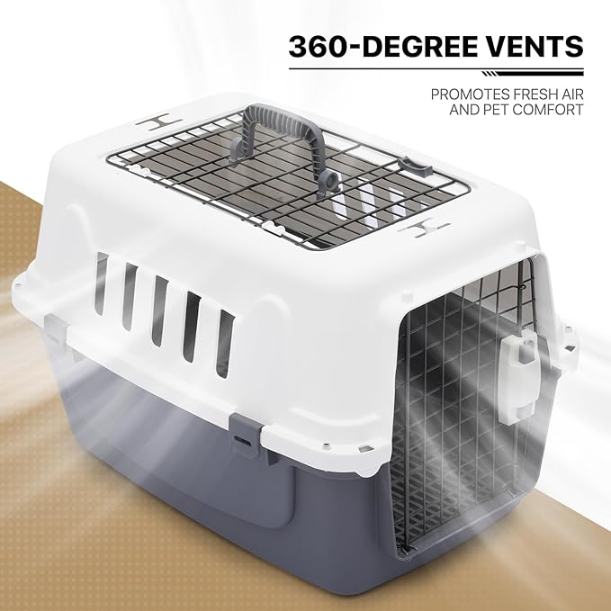MoNiBloom 22-Inch Dog Crate Plastic 2-Door Top Loading Cat Carrier, Hard-Sided Dog Travel Carrier for Small Dogs and Cats, Ventilation and Security Lock Design for Pets up to 22 lbs (Grey)