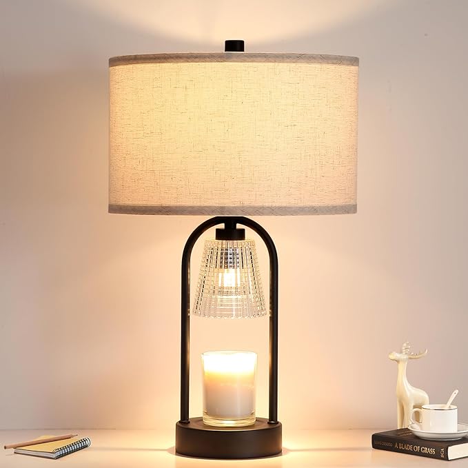 Plug in Black Candle Warmer Lamp with Timer Dimmable, Wax Melts Candle Warmer with Beige Fabric Shade Lamp, Christmas Birthday Gifts for Mom Women Sister, House Warming Gifts Include 3 Bulb