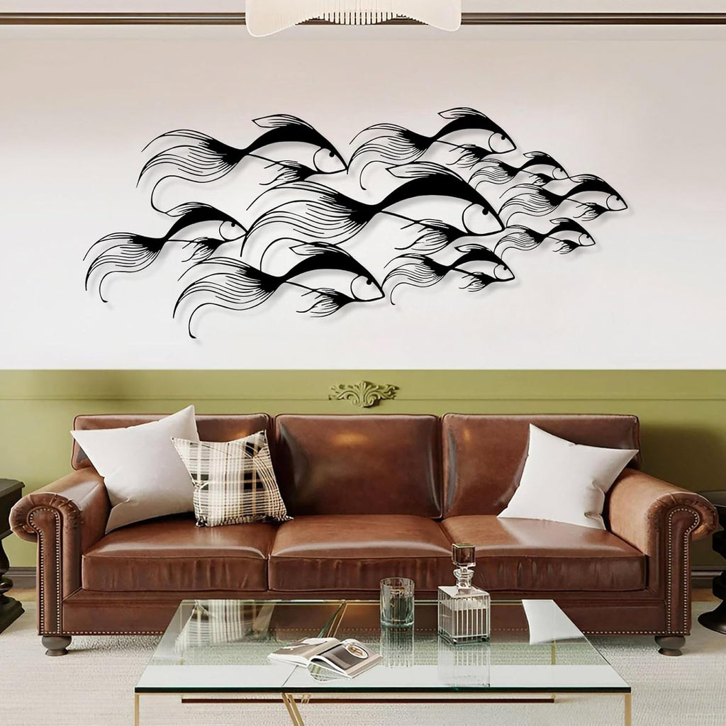 School of Fish Metal Wall Art, Metal Fish Wall Decor, Sea Life Wall Art, Large Nautical Wall Hanging, Modern Beach House Wall Decor, Ocean Themed Artwork for Bathroom (White, 59"x25" | 150x64cm)