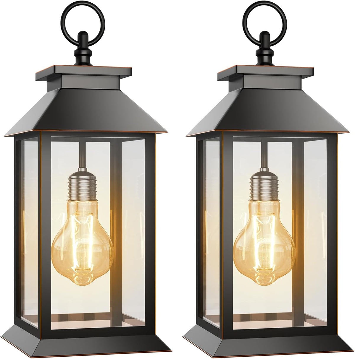 2 Pack Hanging Solar Lanterns Glass Solar Lights Outdoor Waterproof Upgraded Solar and 2 AA Batteries Powered, for Outside Porch, Patio and Indoor Tables, Mantelpiece