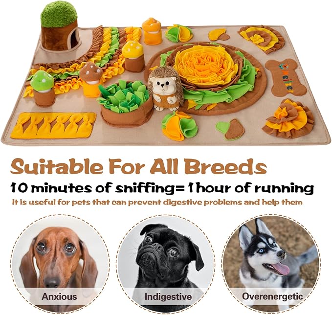 Large Snuffle Mat for Dogs 40'' x 27.5'' Sniff Mat with Hedgehog Puzzle Toy Squeaky Mushrooms Interactive Toys Portable Feeding Mat for Foraging Skills