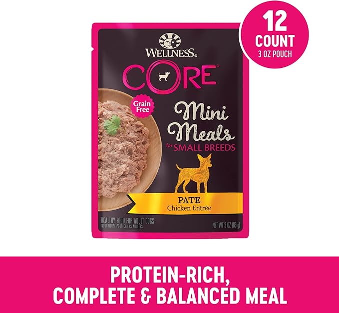 Wellness CORE Natural Grain Free Small Breed Mini Meals Wet Dog Food, Pate Chicken Entrée, 3-Ounce Pouch (Pack of 12)