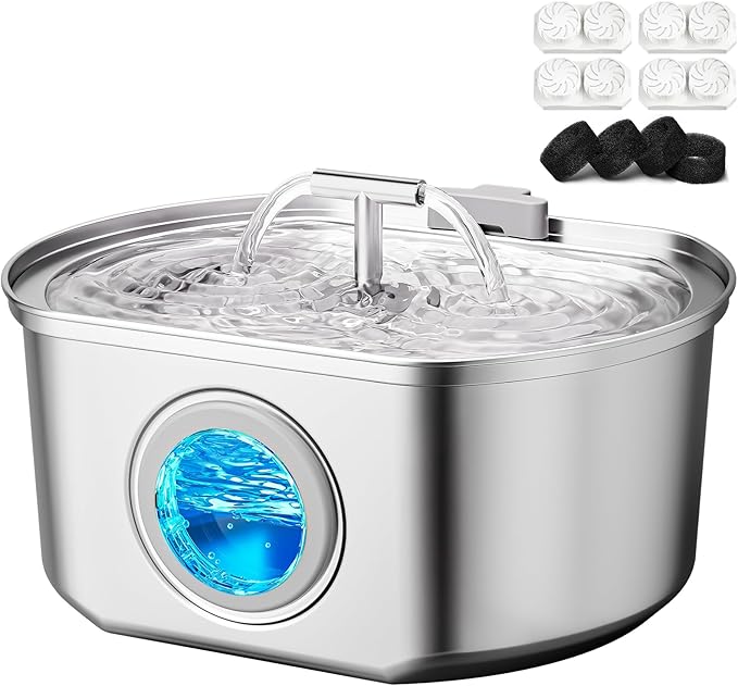Cat Water Fountain Stainless Steel - Pet Drinking Fountain for Cats Indoor - 3.2L/108oz Automatic Water Dispenser with Watering Level Window (4 Filter)