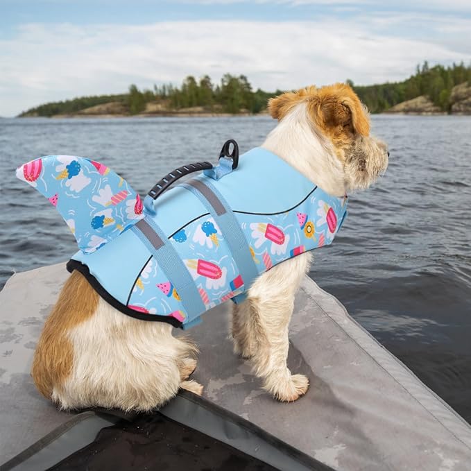 Shark Dog Life Vest for Swimming, Dog Life Vests for Boating, High Buoyant Dog Life Jacket, Ripstop High Flotation Swimsui for Small, Medium, Large Dogs (Blue Ice Cream,XS)