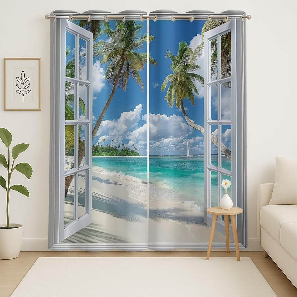 Beach Blackout Curtains for Girls Boys Teens Home Decor, Tropical Summer Scene Ocean Island Palm Tree Grommet Thermal Insulated Drapes Darkening Window Curtain for Bedroom Living Room, 42 x 63 Inch