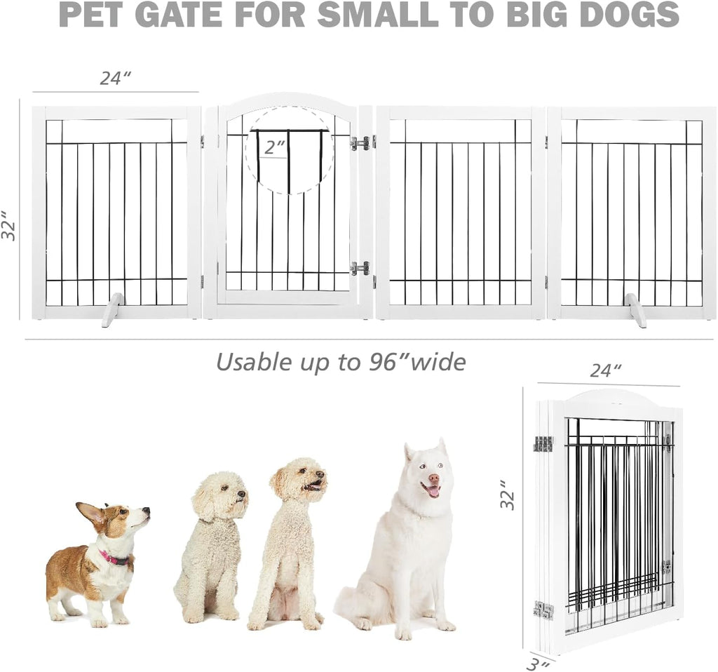 SPIRICH 96-inch Extra Wide 30-inches Tall Dog Gate with Door Walk Through, Freestanding Wire Pet Gate for The House, Doorway, Stairs, Pet Puppy Safety Fence, Support Feet Included (White)