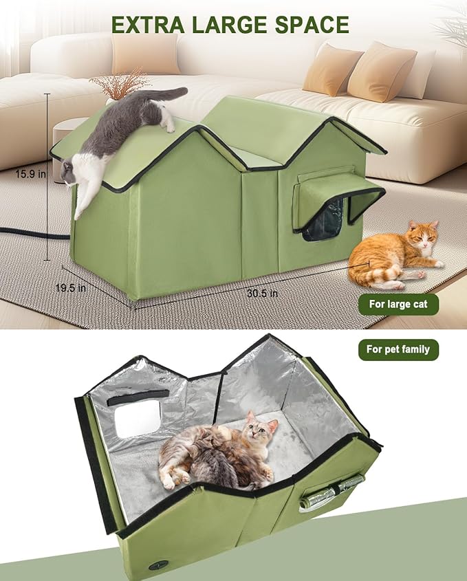 Extra Large Heated Cat House for Outside in Winter, Elevated Heated Outdoor Cat House Weatherproof with Heating pad, Insulated Outdoor Cat Shelter for Multiple Cats Small Dogs(Green)