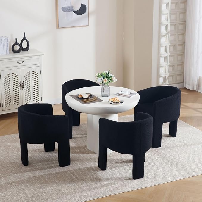 Modern Sherpa Barrel Dining Chairs Set of 5, Upholstered Boucle Dining Chairs Accent Chairs with Arms Comfy Makeup Vanity Chairs, Dining Living Room Kitchen Chairs, Black