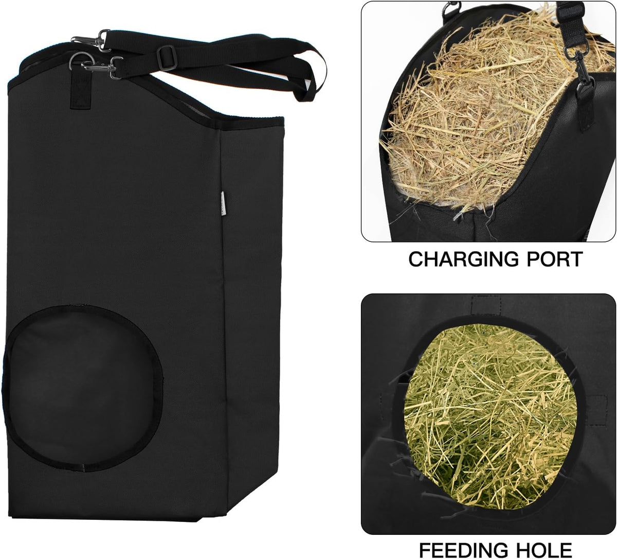 3 Packs Goat Hay Feeder,Hay Bags for Goats,Horses,Sheep,Premium 600D Oxford Cloth,with Metal Fastener and Adjustable Open Feed Hole for Slow Feeding. (3 Black)