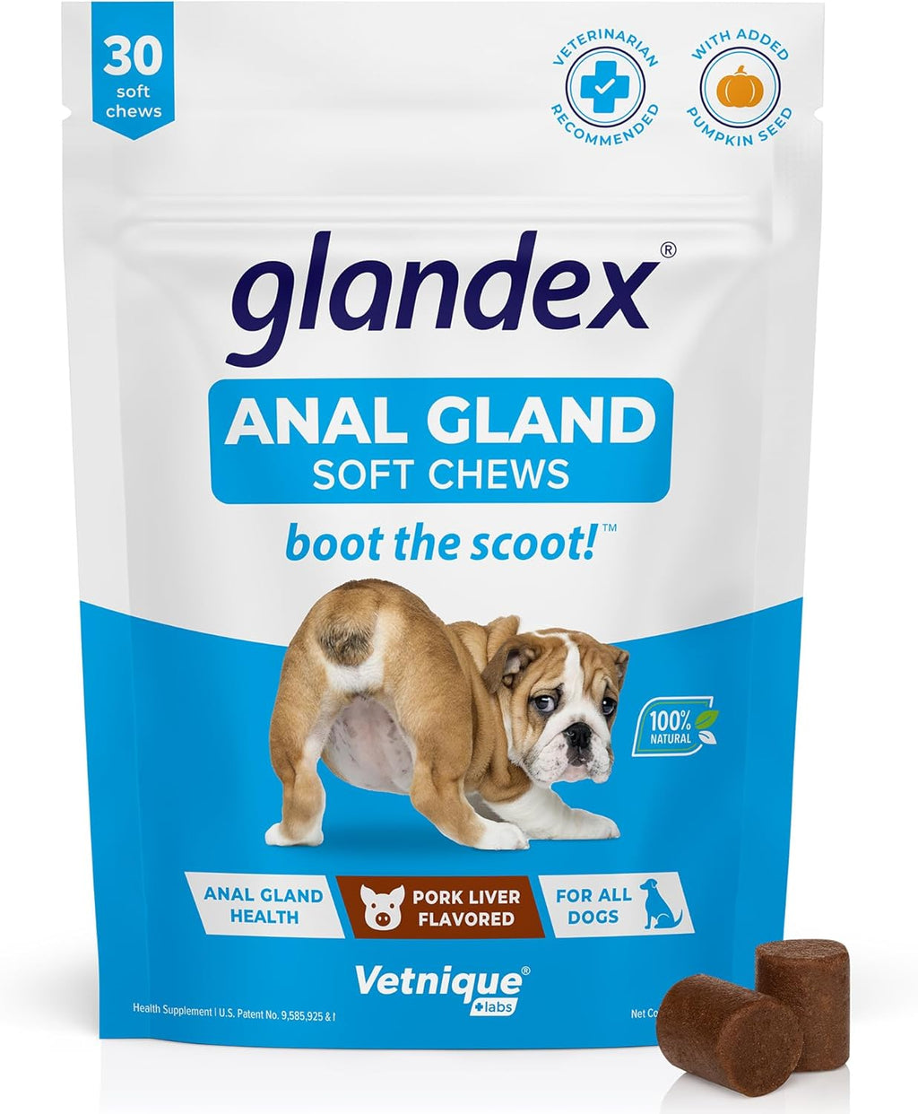Vetnique Labs Glandex Anal Gland Soft Chew Treats with Pumpkin for Dogs Digestive Enzymes, Probiotics Fiber Supplement for Dogs Boot The Scoot (Bacon/Pork Chews, 30 Count)