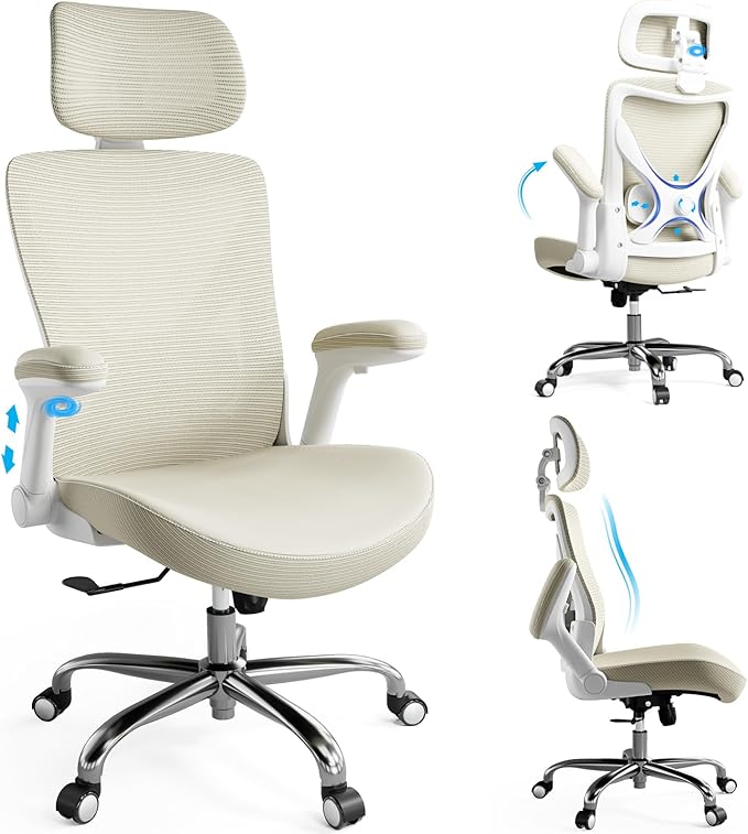 Office Home Ergonomic Desk Chair-Computer X-Shaped Chair Mesh PU Leather with Adjustable Lumbar Support-Executive Chair High Back with Headrest Flip-Up Arms for Long Hours (Beige)