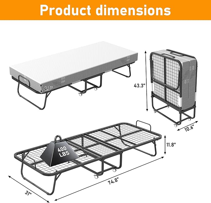 Folding Bed with Mattress, 75" x 31" Twin Size Rollaway Bed on Wheels, Foldable Metal Frame & Storage Pocket, Space-Saving Portable Cot for Adults, Home, Office, Apartment