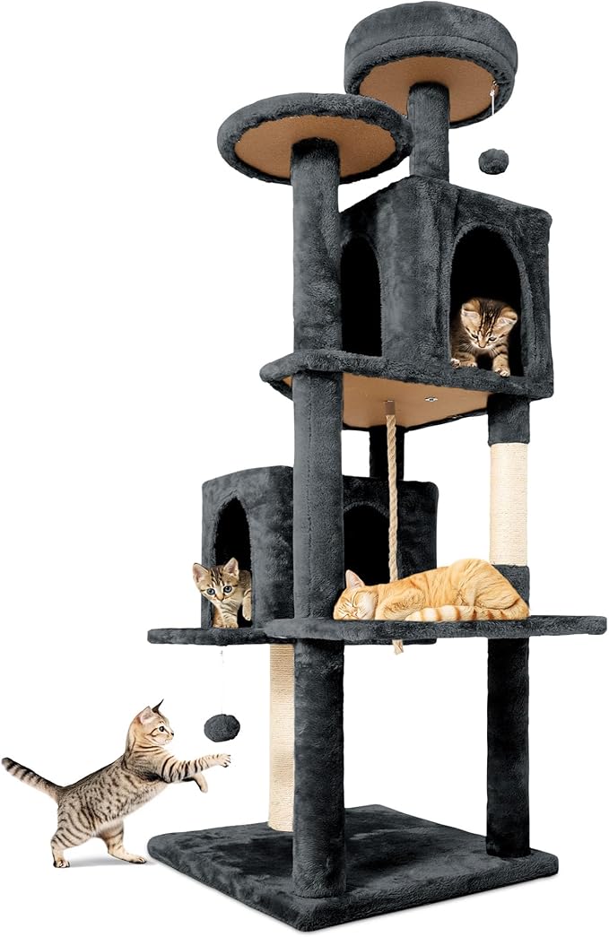 58.5inch Large Cat Tree Tower Condo for Indoor Cats, Soft Plush Multi-Level Climbing Tree Cat House with 1 360° Rotating Cat Cave, Scratching Post, More Entrance/Exit, Sisal Rope, Grey Black