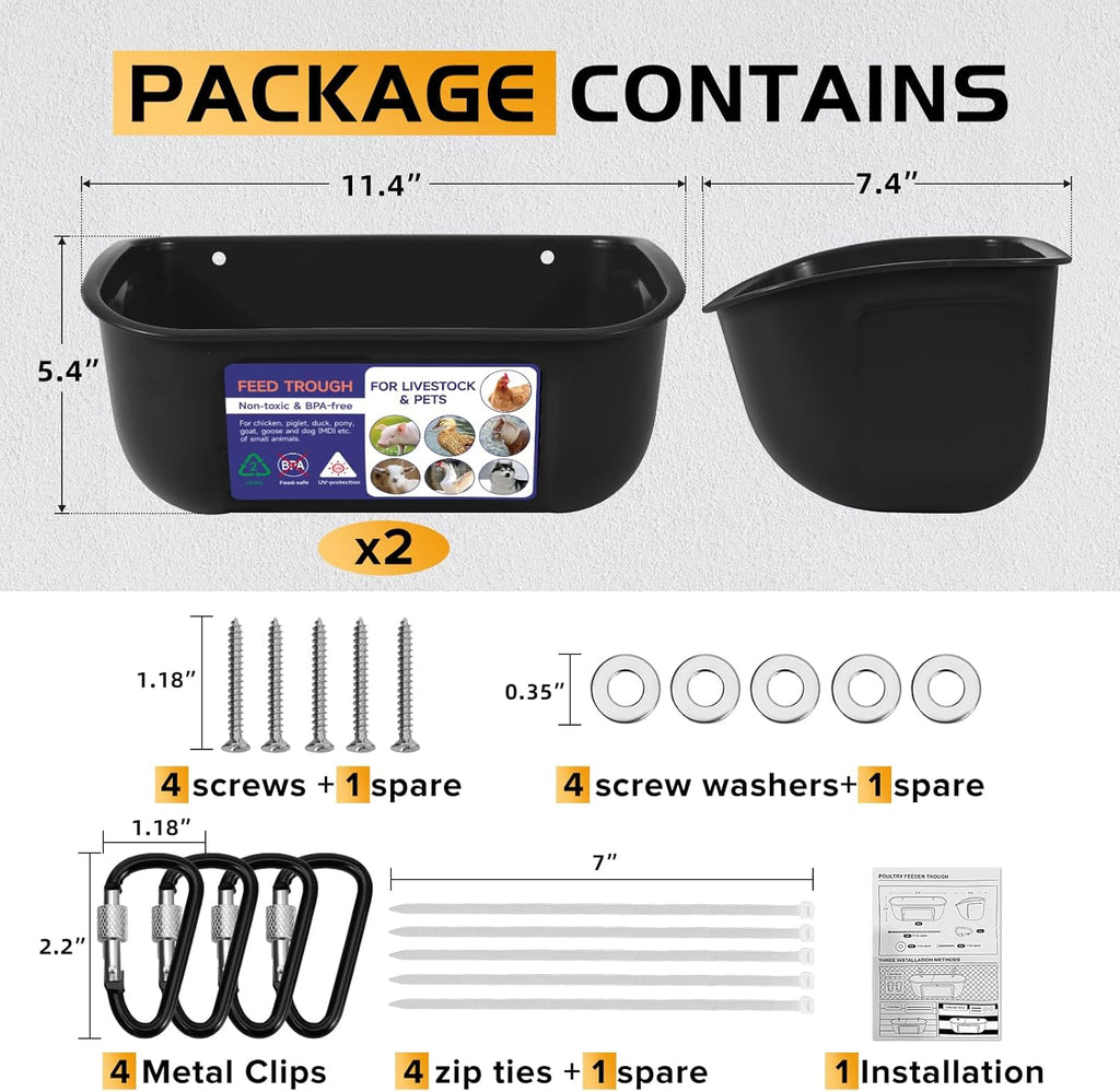 Goovilla Chicken Feeder Waterer, Hanging or Screw-in Fence Feeders with Clips, 2 Pack 5 Quart Goat Feeding Supplies, Duck Piglet Sheeple Coop Dog Livestock Poultry Plastic Feeder Trough Bucket, Black