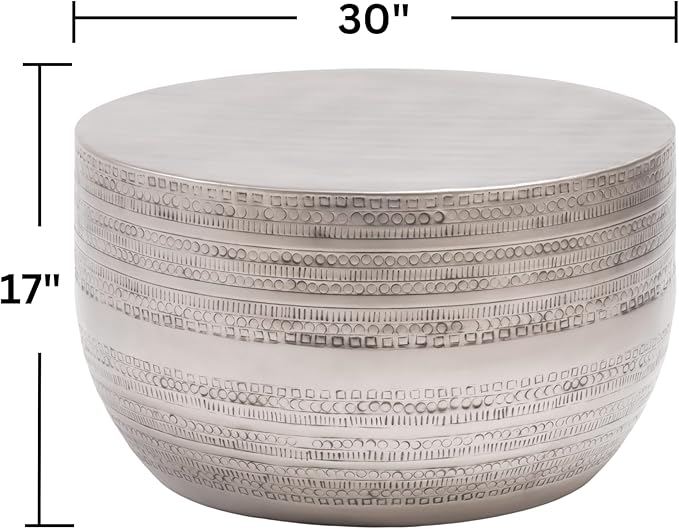 Modern Round Aluminum Hammered Embossed Texturing Metal Drum Coffee Table, Hand-Stamped Iron, Boho Accent Cylinder Drum Coffee Table, Cocktail Table, for The Living Room and Bedroom, Silver