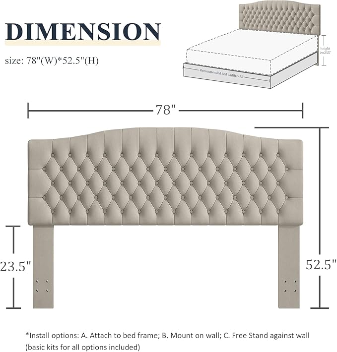 King Headboard Only, Upholstered Head Board for Adjustable Bed Velvet Tufted Cal King Size Wall Mounted Headboard with Solid Wood Legs Head Board, Taupe