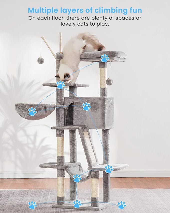 Hey-brother Cat Tree, 53 inch Cat Tower for Indoor Cats, Cat House with Padded Platform Bed, Toy Balls, Large Cozy Condo, Hammocks and Sisal Scratching Posts, Light Gray MPJ019-SW
