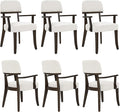 Modern Wood Dining Chairs with Arms Set of 6, Velvet Upholstered Kitchen Chairs with Open Curved Backrest & Black Hardwood Legs, Accent Chairs 350 LBS Capacity, White