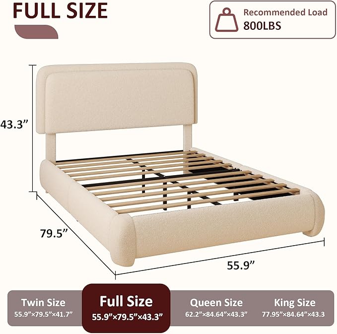 Full Boucle Platform Bed Frame with Height Adjustable Headboard, Modern Upholstered Cloud Bed, Sleek Curved Design, No Box Spring Needed, Easy Assembly, Noise Free, Beige