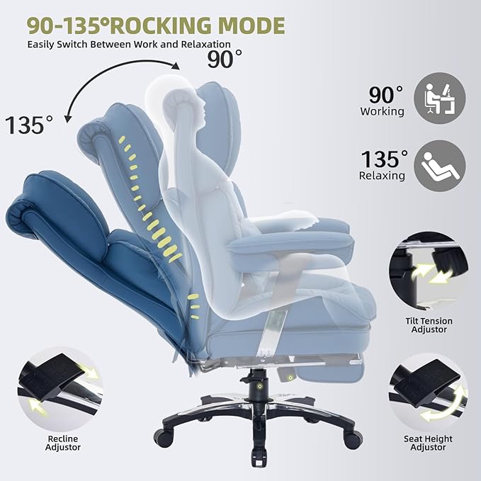 Efomao Big and Tall Office Chair with Footrest – High Back Computer Chair with Adjustable Armrests，Executive Office Chair with Wide Seat, Modern Desk Chair for Home Office, Gaming, or Study, Blue