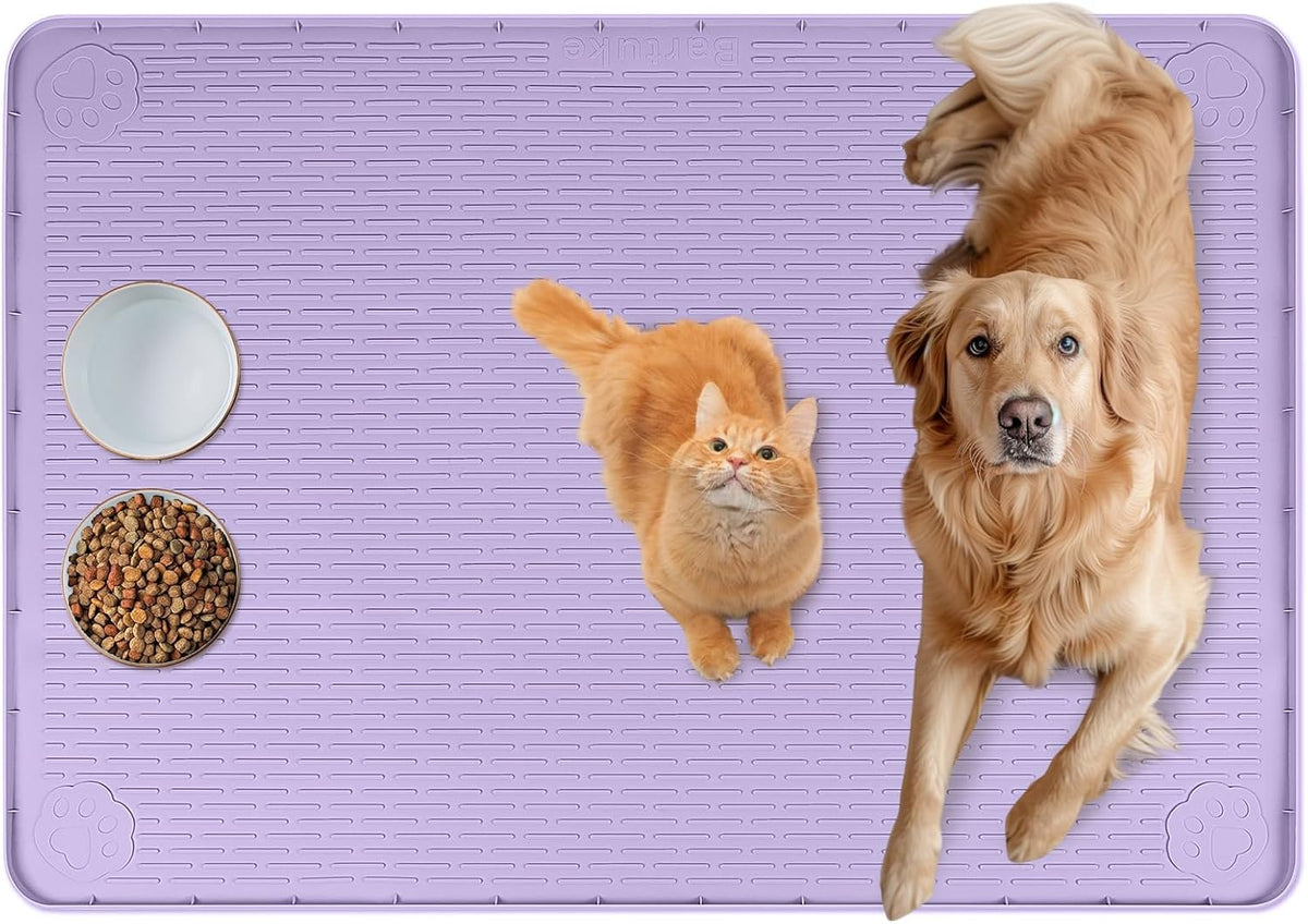 Cat Food Mat, 40" x 28" Extra Large Silicone Pet Feeding Mat with Raised Edge Pet Placemat for Food and Water Bowl Non-Slip, Easy to Clean, Floor Protection (Purple)