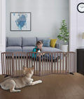 ZJSF Foldable Freestanding Indoor Dog Gate for House Wood Long Pet Gates Dog Fence for Stairs Puppy Gates for Hallways, Puppy Gate,Support Feet Included, Brown, 32 "Height-6 Panels