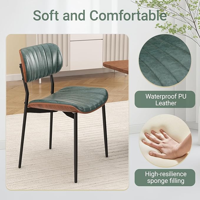 Mid Century Modern Dining Chairs Set of 2,Upholstered Faux Leather Kitchen Chairs with Walnut Bentwood Back and Metal Legs for Kitchen Dining Room Living Room, Green
