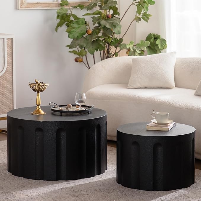 Round Nesting Coffee Table Set of 2, Round Fluted Coffee Tables for Living Room Modern Nesting End Side Tables for Small Spaces (B Black)