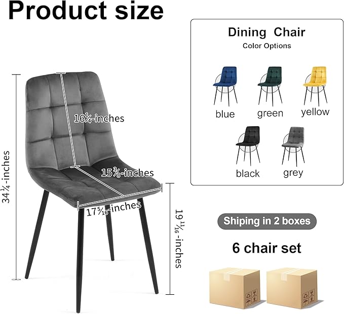 NORDICANA Grey Velvet Dinner Chairs Set of 6 Modern Armless Dining Side Chairs with Metal Legs for Kitchen Living Room Vanity