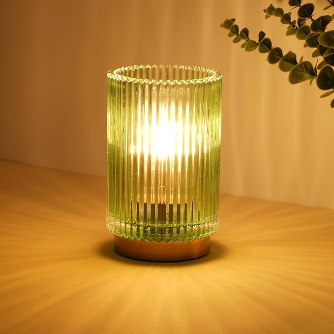 Battery Operated Lamp, Cordless Table Lamp with Timer, Desk Bedside Lamps with LED Warm Light, Glass Small Table Lamp for Bedroom, Bathroom, Living Room, Home Decor - Green