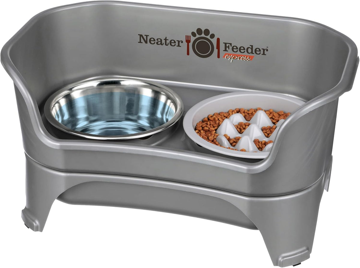 Neater Feeder Express Mess Proof Dog Bowls Elevated for Medium and Large Breed – Made in USA – No Spill Raised Slow Feeder Elevated Dog Bowl Stand, Slow Feed Food and Water Bowl Set, Grey