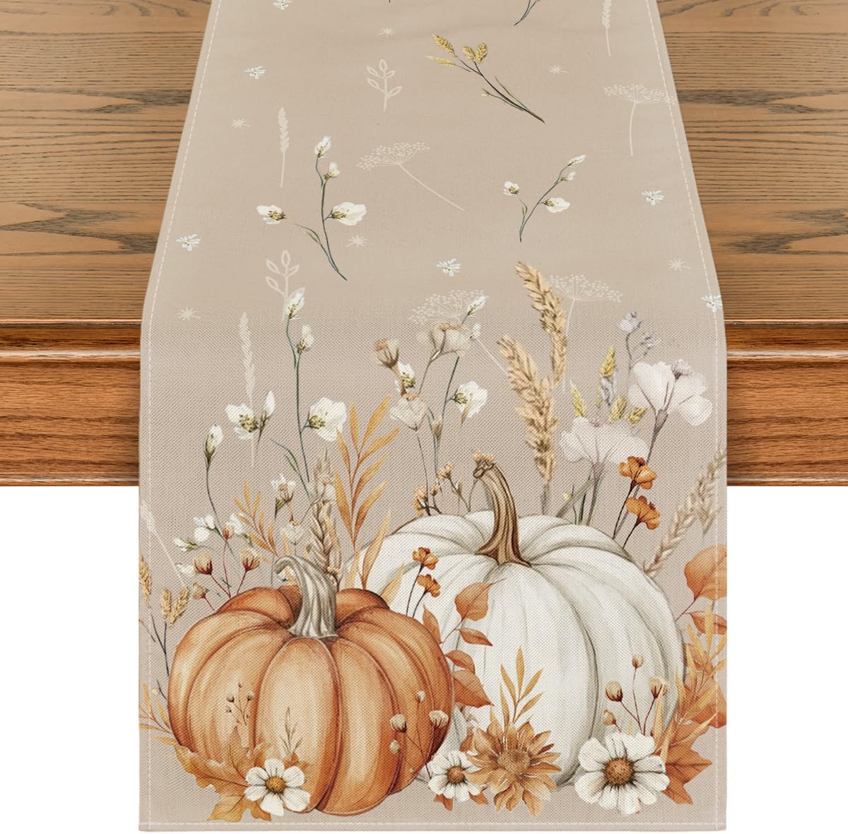 Artoid Mode Pumpkins Leaves Flowers 210 GSM Fall Table Runner, Seasonal Autumn Kitchen Dining Table Decoration for Home Party Decor 13x72 Inch