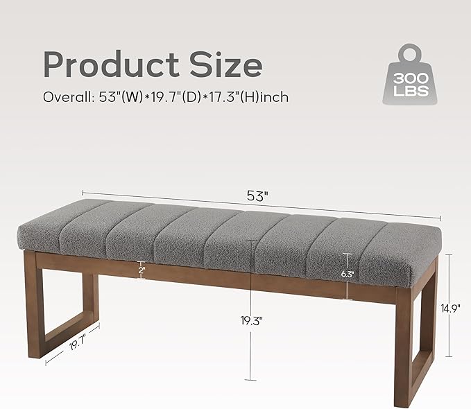 52.7" Bedroom Bench for End of Bed, Modern Upholstered Teddy Fabric Entryway Bench & Dining Bench, Footrest Stool Bench with Solid Wood Frame for Bedroom, Living Room (Light Grey)
