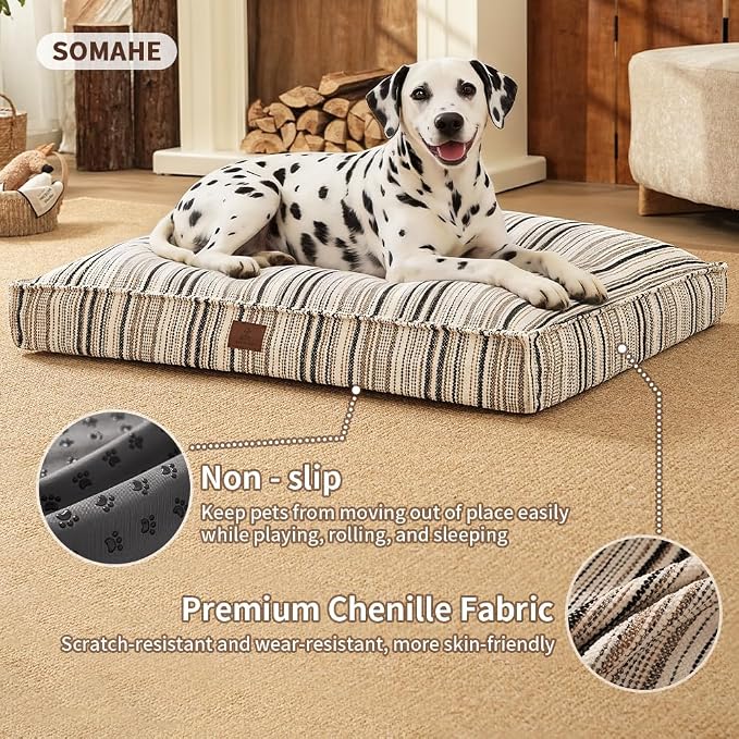 SOMAHE 4 Inch Orthopedic Dog Bed for Crate, 35 x 27 Inch, Black Chenille | Washable Removable Cover, Waterproof Inner Liner, Non-Slip Bottom, Orthopedic Dog Crate Mattress for Medium & Large Dogs