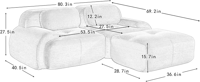 80" Modern Corduroy Boneless Love Seat Couches with 1 Ottoman, 2 Seater Large Sectional Couches for Living Room, Black Cloud Modular Sectional Sofa, Memory Foam, Extra Deep Loveseat, No Assembly