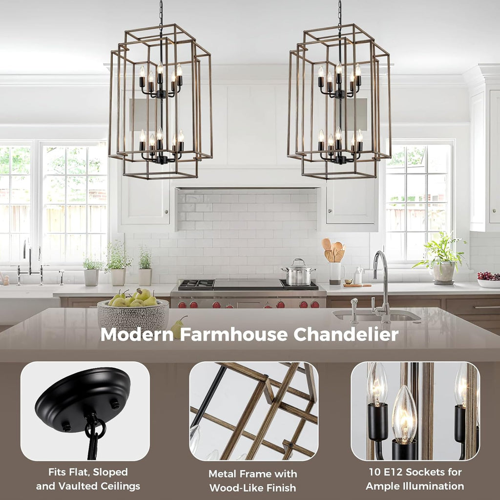 30" Black Farmhouse Chandelier, 10-Light Foyer Lighting Fixtures, Lantern Tiered Pendant Light Fixtures, Metal Wood Grain Finish Rustic High Ceiling Chandelier for Dining Room Entryway Staircase